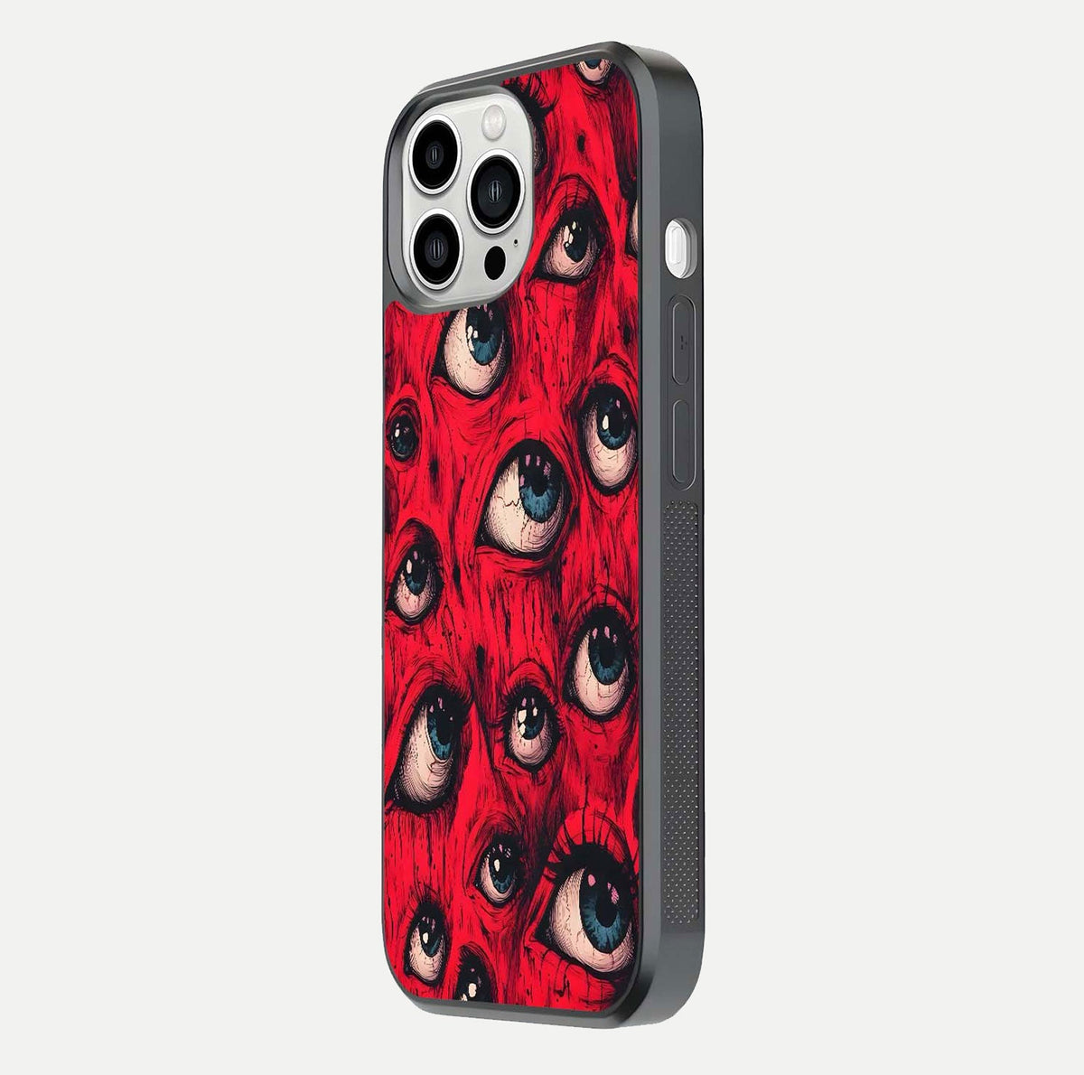 Red Eyes Pattern Glass Case for iPhone 13 Pro Max side-angle image showing shine, detail, and red tone clarity