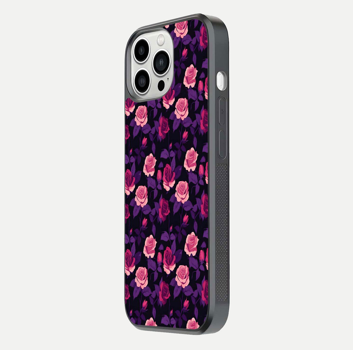 Rose Garden Twilight Glass Case for iPhone 13 Pro Max side-angle image showing reflection, gloss, and floral detail