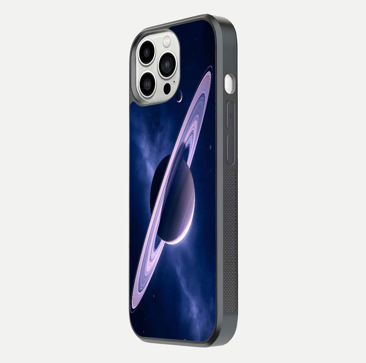 Saturn Ring Mystique Glass Case for iPhone 13 Pro Max side-angle image showing shine and galaxy ring focus