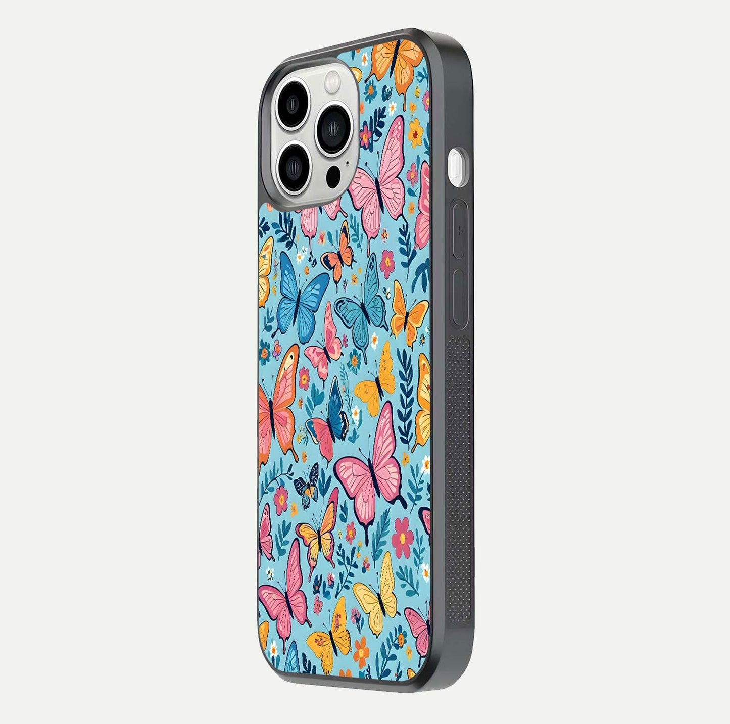 Spiritual Krishna Glass Case for iPhone 13 Pro Max side-angle image showing reflection and vivid artwork clarity