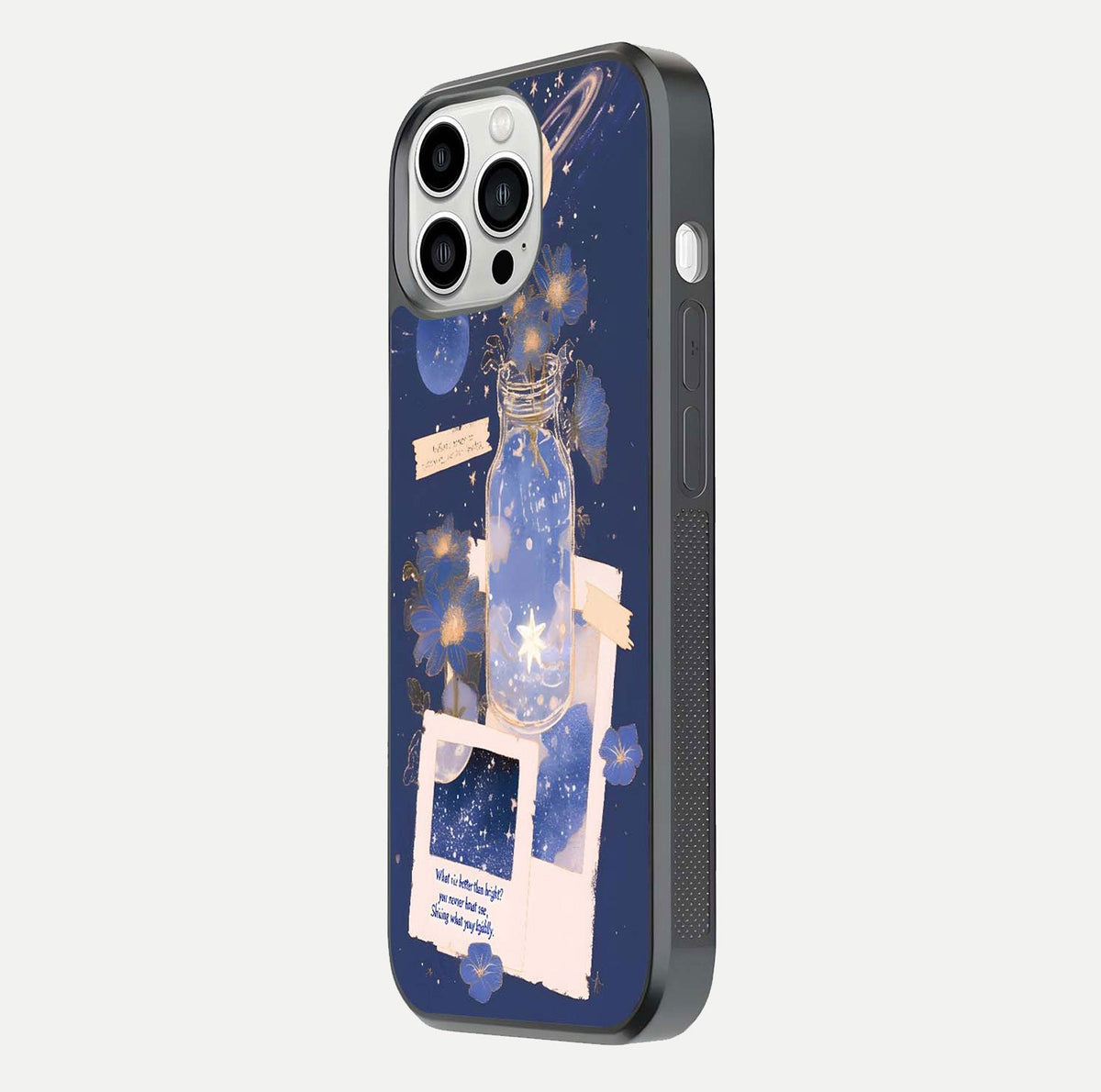 Starlit Cosmic Jar Glass Case for iPhone 13 Pro Max side-angle image showing glow, texture, and light reflection