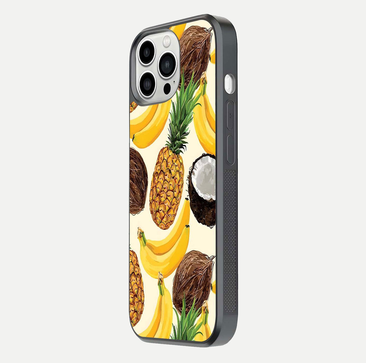 Triple Flowers With Sky Glass Case for iPhone 13 Pro Max side-angle image showing gloss, texture, and floral design