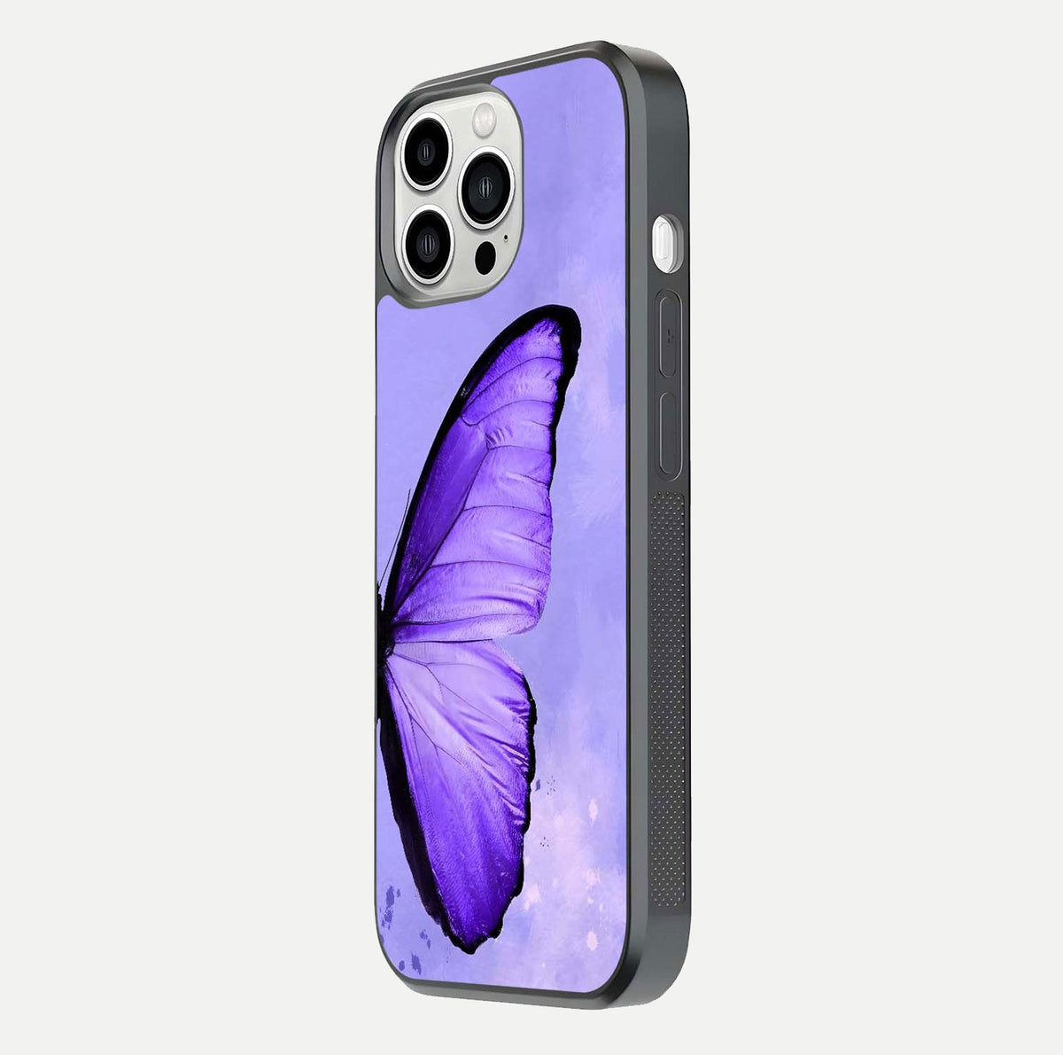 Violet Dream Wing Glass Case for iPhone 13 Pro Max side-angle image showing gloss, shine, and violet gradient