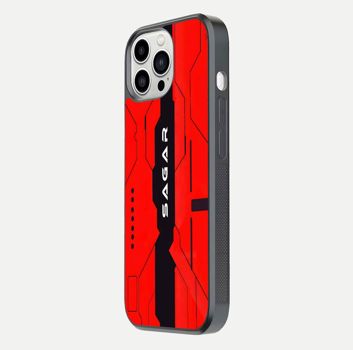 Voltage Rise CYBERPUNK Custom Name Glass Case for iPhone 13 Pro Max side-angle image showing gloss and cyberpunk detail