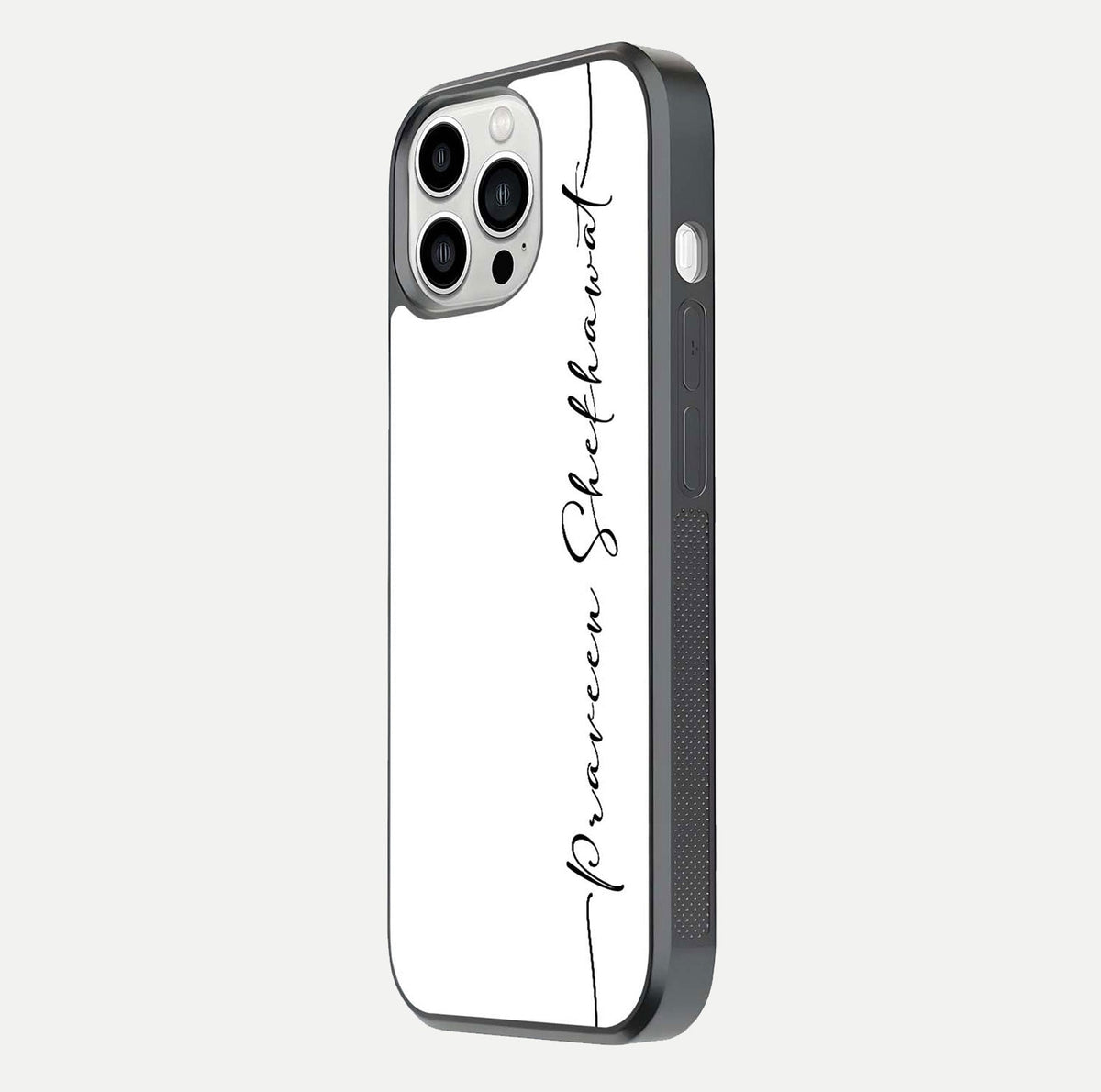 White Tune Custom Name Glass Case for iPhone 13 Pro Max side-angle image showing shine, gloss, and minimal tone