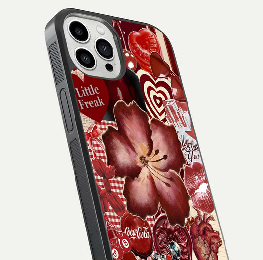 Aesthetic Little Freak Glass Case for iPhone 13 Pro Max close-up angled shot showing detailed artwork, bold design, and gloss reflection