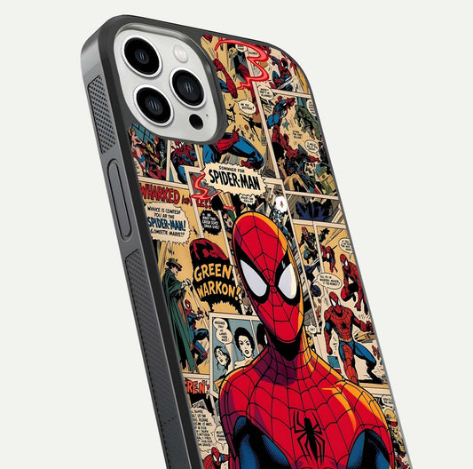 Aesthetic Spider Man Glass Case for iPhone 13 Pro Max close-up angled shot showing detailed Spider-Man artwork and gloss reflection