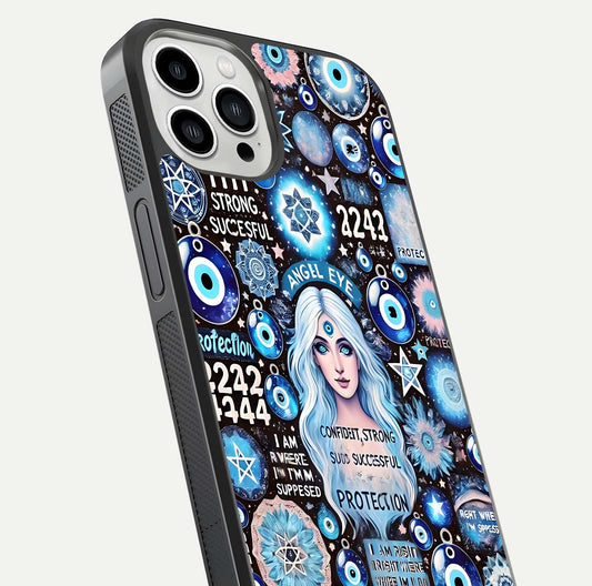 Angel Aura Shield Glass Case for iPhone 13 Pro Max close-up view capturing aura glow, metallic tones, and shine texture