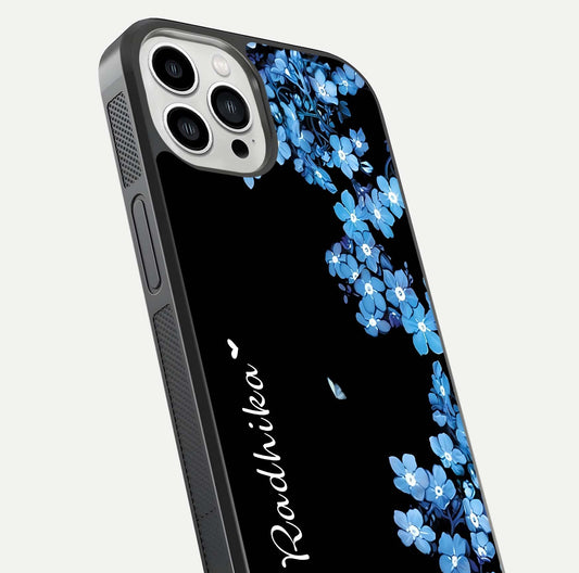 Blue Petal Dream Custom Name Glass Case for iPhone 13 Pro Max close-up highlighting petal texture and gloss reflection