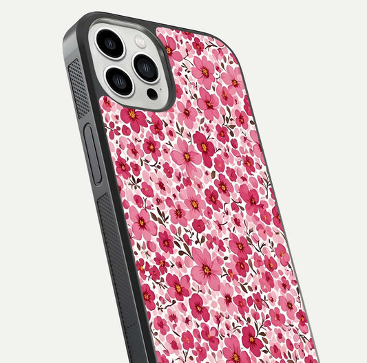 Cherry Blossom Charm Glass Case for iPhone 13 Pro Max close-up highlighting petal gradient and reflection shine
