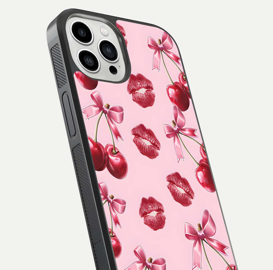 Cherry With Lips Glass Case for iPhone 13 Pro Max close-up view highlighting lips texture and reflection shine