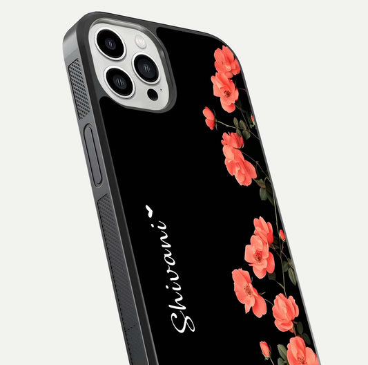 Crimson Bloom Grace Custom Name Glass Case for iPhone 13 Pro Max close-up highlighting flower pattern and reflection texture