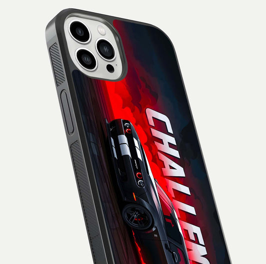 Crimson Challenger Fury Glass Case for iPhone 13 Pro Max close-up highlighting car details and reflection depth