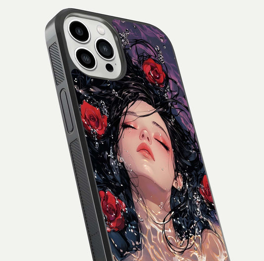Crimson Rose Serenity Glass Case for iPhone 13 Pro Max close-up highlighting rose gradient and reflection detail