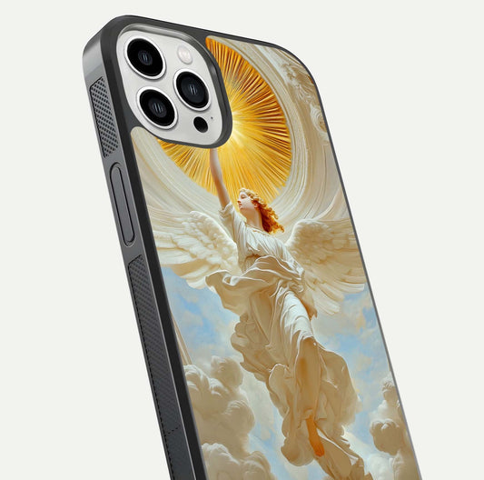Divine Light Angel Glass Case for iPhone 13 Pro Max close-up highlighting light rays and glass reflection