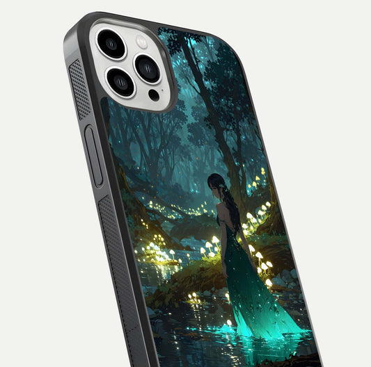 Enchanted Forest Glow Glass Case for iPhone 13 Pro Max close-up highlighting trees, lights, and reflection texture