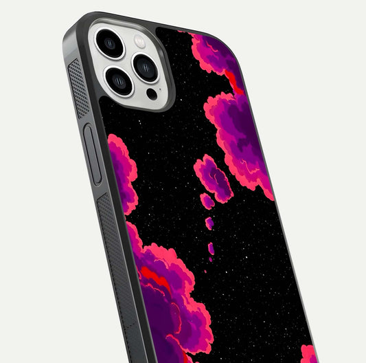 Galaxy Dream Frame Glass Case for iPhone 13 Pro Max close-up angled shot showing nebula patterns and reflection glow
