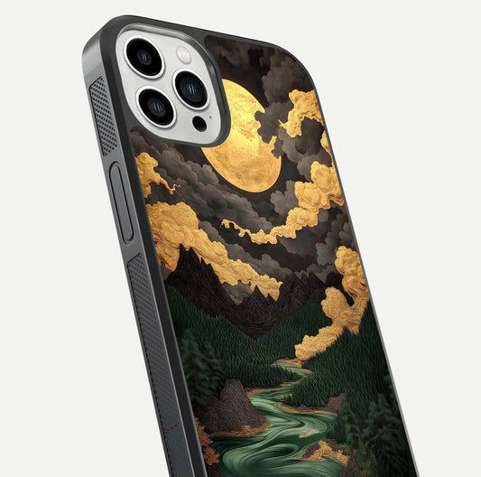 Golden River Moon Glass Case for iPhone 13 Pro Max close-up angled shot showing moon reflection and water shine
