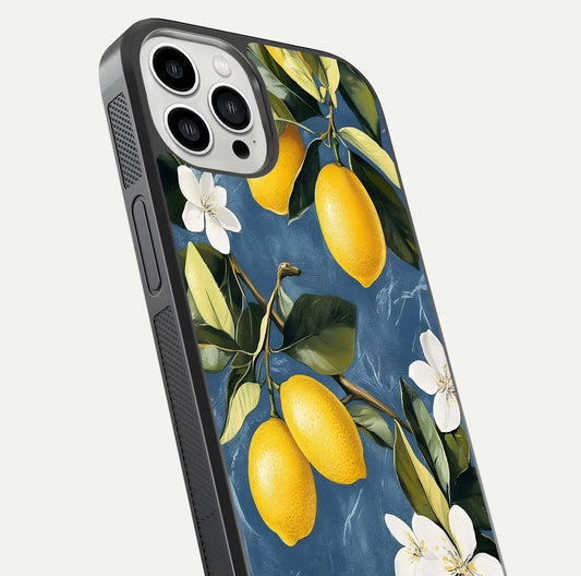 Lemon Dream Garden Glass Case for iPhone 13 Pro Max close-up angled shot showing fruit details and shine reflection