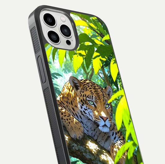 Leopard in Jungle Glass Case for iPhone 13 Pro Max angled close-up showing fur texture and glossy shine reflection