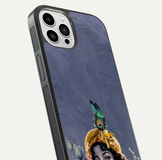 Lord Krishna Glass Case for iPhone 13 Pro Max angled close-up showing intricate flute and reflection details