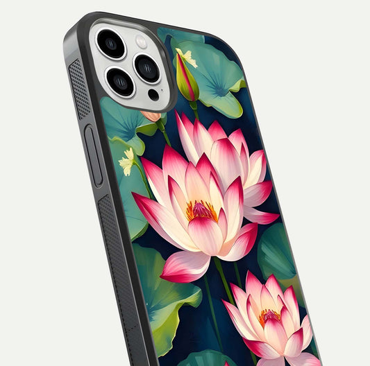 Lotus Dream Serenity Glass Case for iPhone 13 Pro Max close-up angled shot showing floral details and soft shine