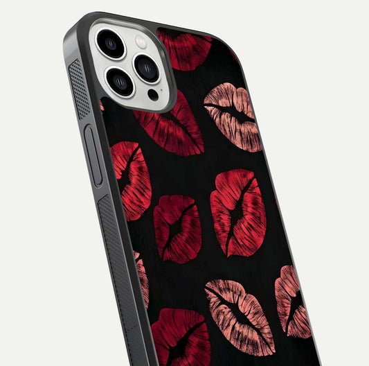 Midnight Kiss Love Glass Case for iPhone 13 Pro Max close-up angle highlighting red accents and reflection shine