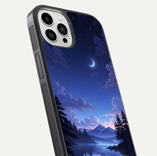 Midnight Lake Peace Glass Case for iPhone 13 Pro Max close-up angled shot showing blue night tones and reflection