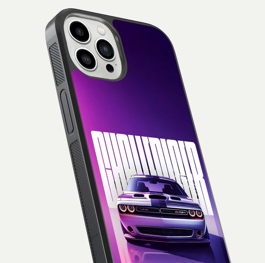 Midnight Muscle Ride Glass Case for iPhone 13 Pro Max close-up angled shot showing HD reflections and car details