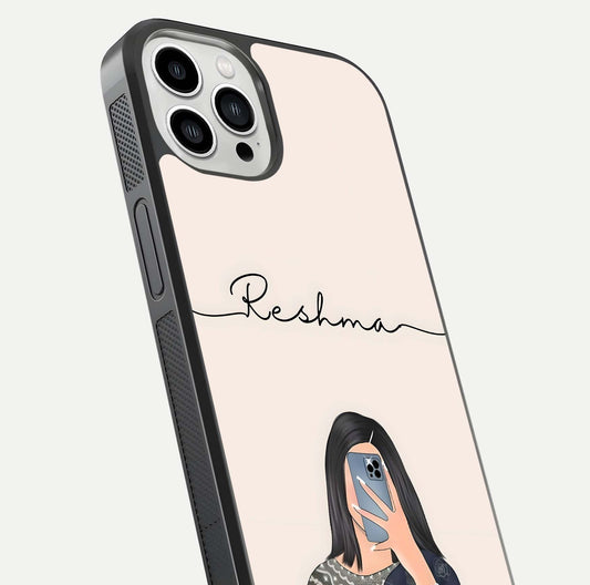 Mirror Mood Muse Custom Name Glass Case for iPhone 13 Pro Max close-up angled shot highlighting gloss and mirror depth