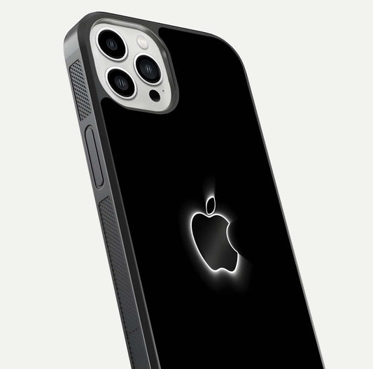 Neon Apple Glow Glass Case for iPhone 13 Pro Max close-up angled shot highlighting neon reflection and color pop