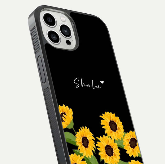 Sunflower Chic Mood Custom Name Glass Case for iPhone 13 Pro Max close-up angled shot showing HD sunflower pattern