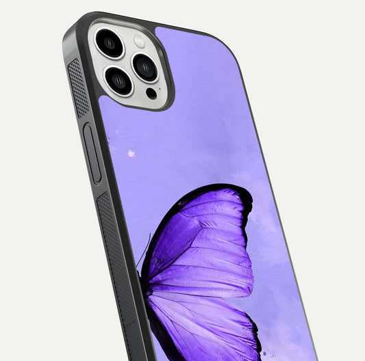 Violet Dream Wing Glass Case for iPhone 13 Pro Max close-up angled shot highlighting wing texture and reflection