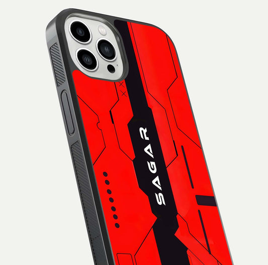 Voltage Rise CYBERPUNK Custom Name Glass Case for iPhone 13 Pro Max close-up angled shot highlighting neon glow and reflection