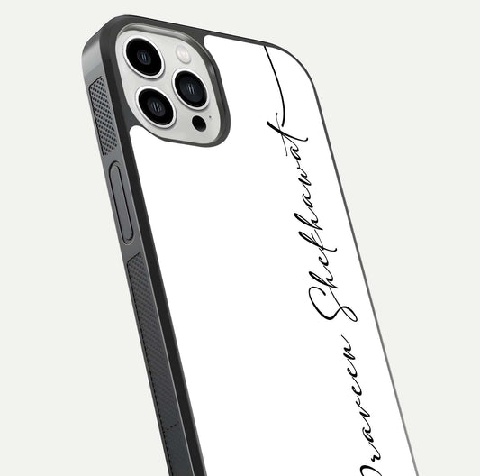 White Tune Custom Name Glass Case for iPhone 13 Pro Max close-up angled shot highlighting gloss reflection and texture