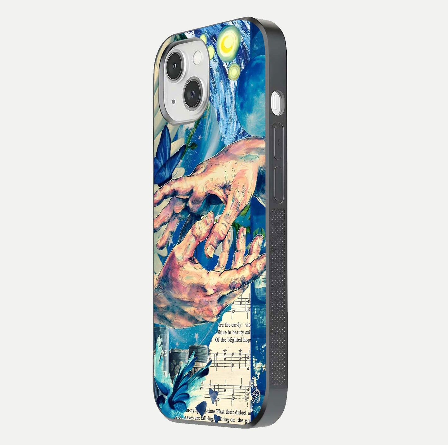 Aesthetic Divider Glass Case for iPhone 14 side-angle image showing divider pattern print, camera module, and glossy finish reflection
