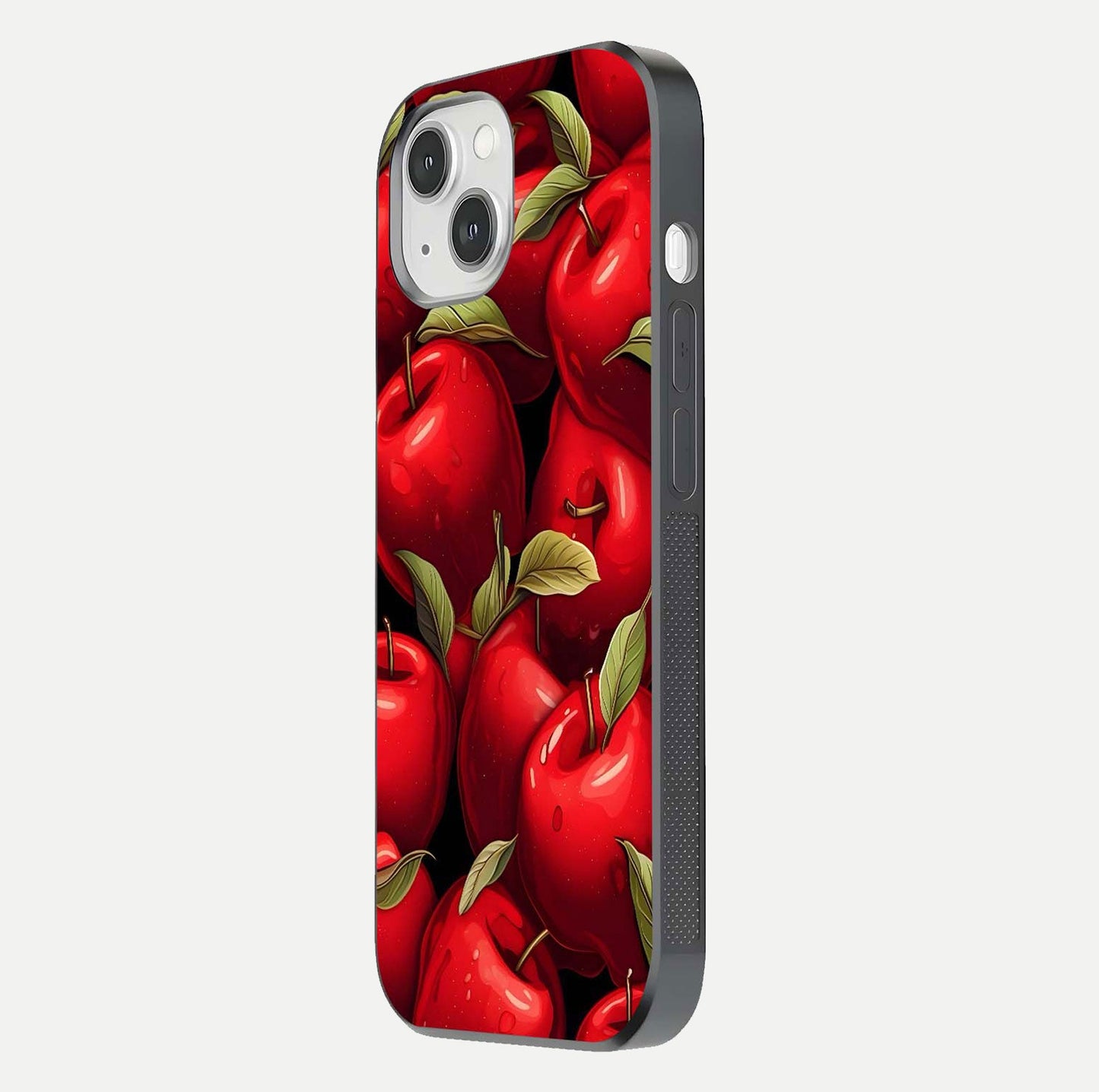Apple Pattern Glass Case for iPhone 16 Pro side-angle image showcasing minimalist apple print and gloss reflection