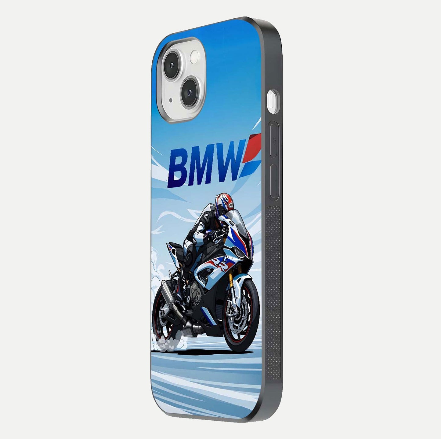 BMW Power Drift Glass Case for iPhone 14 side-angle image emphasizing smooth finish and detailed design