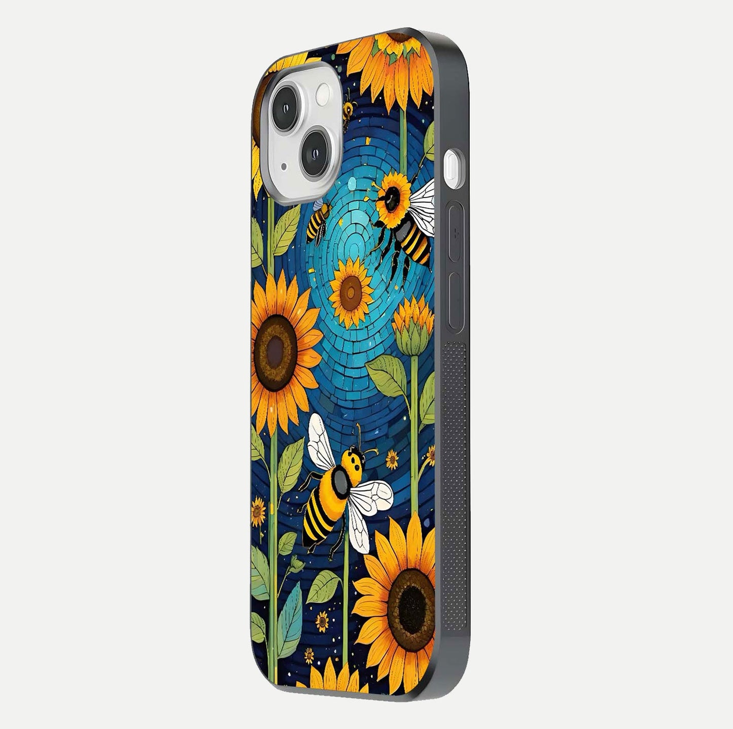 Bees & Sunflowers Glass Case for iPhone 14 side-angle image showing bee pattern alignment and shiny protective surface