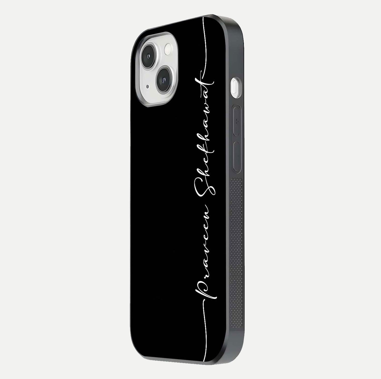 Black Tune Custom Name Glass Case for iPhone 14 side-angle photo showing mirror-like surface and slim profile