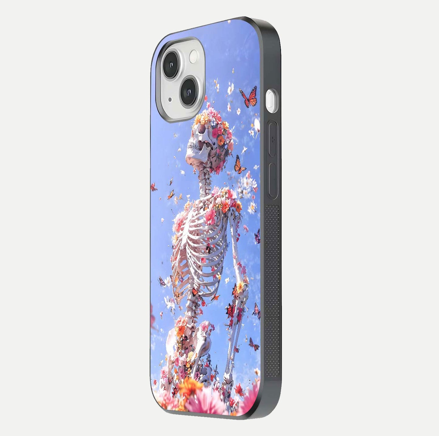 Bloom Beyond Bones Glass Case for iPhone 16 Pro side-angle image highlighting print precision and gloss finish