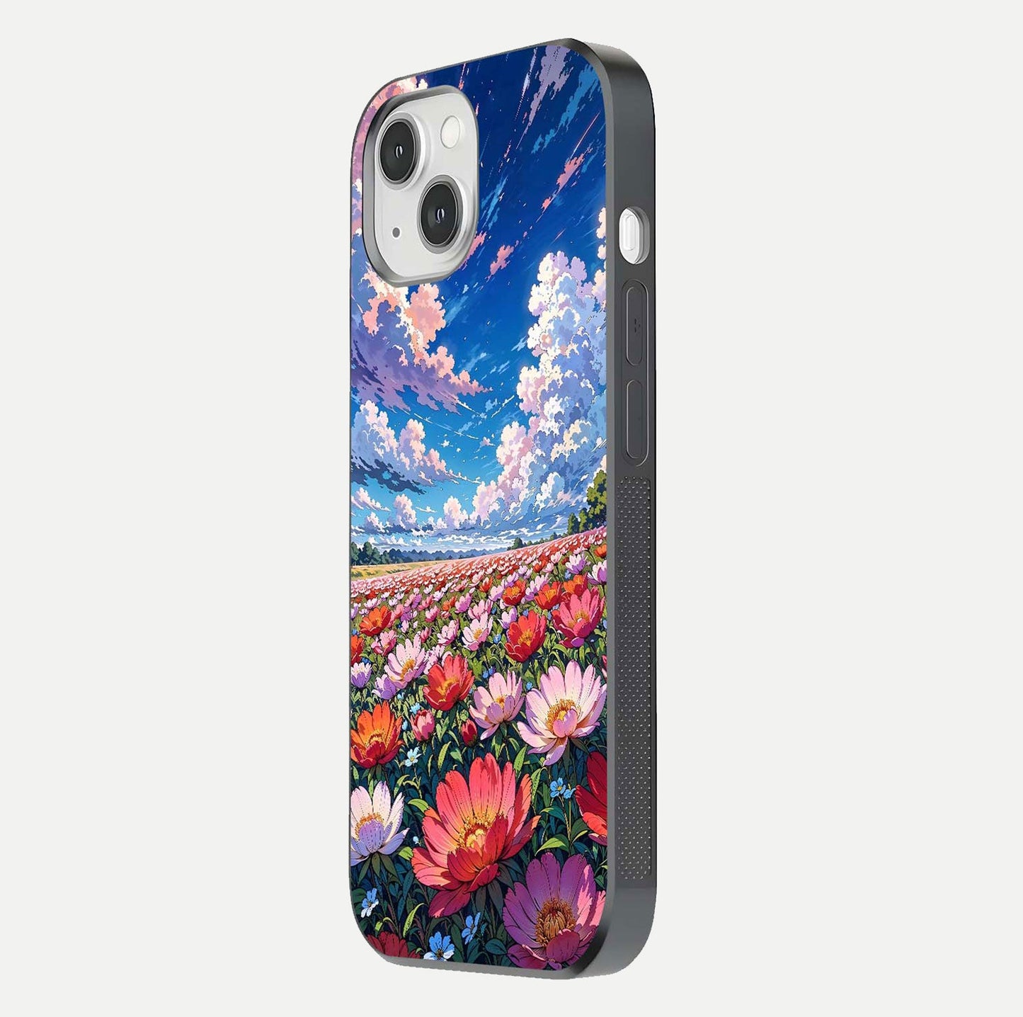 Blossom Sky Field Glass Case for iPhone 16 Pro side-angle showing sky hues, blossom texture, and reflective shine
