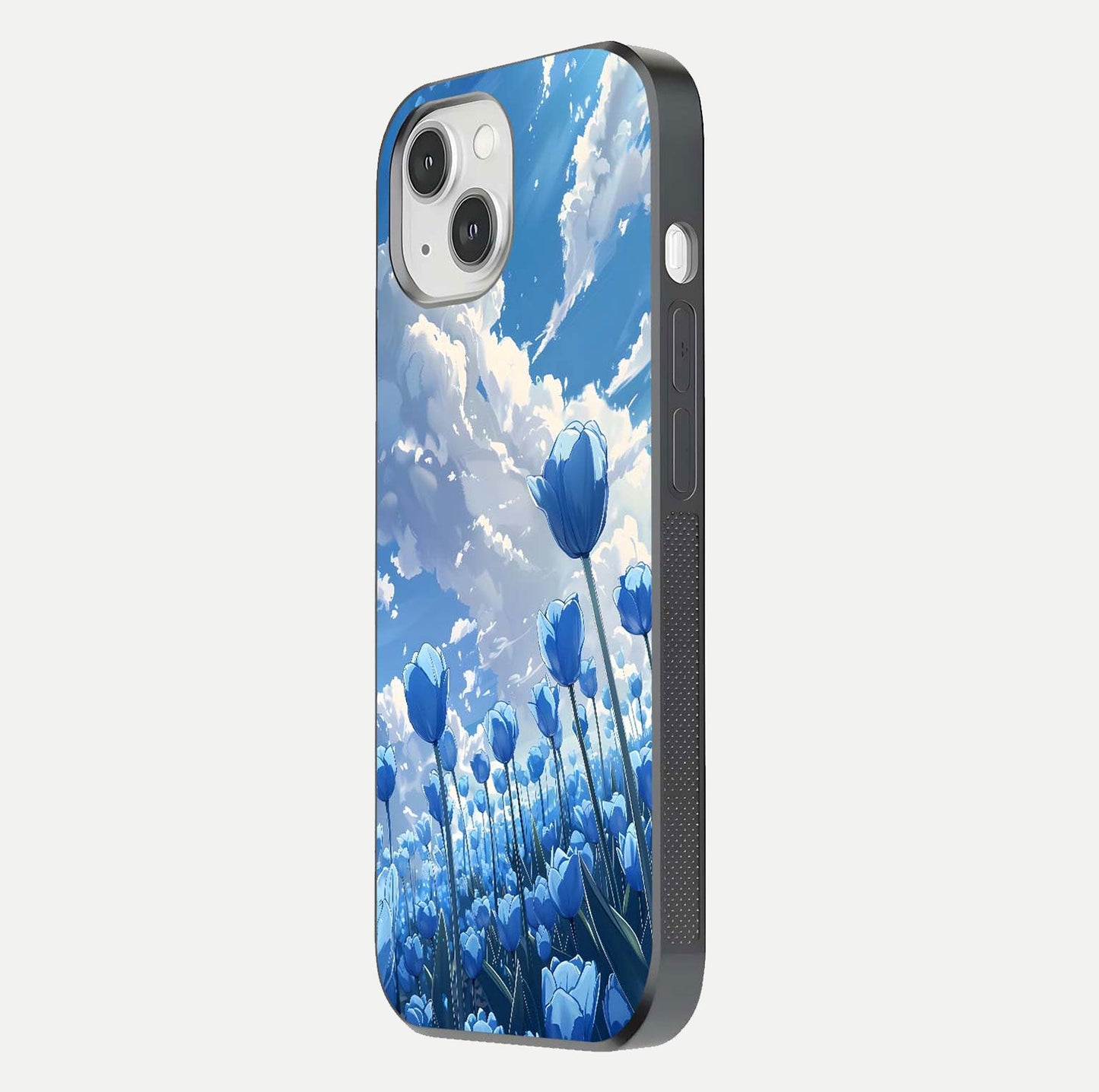 Blue Tulip Clouds Glass Case for iPhone 16 Pro side-angle image showing edge curve and flower reflection glow