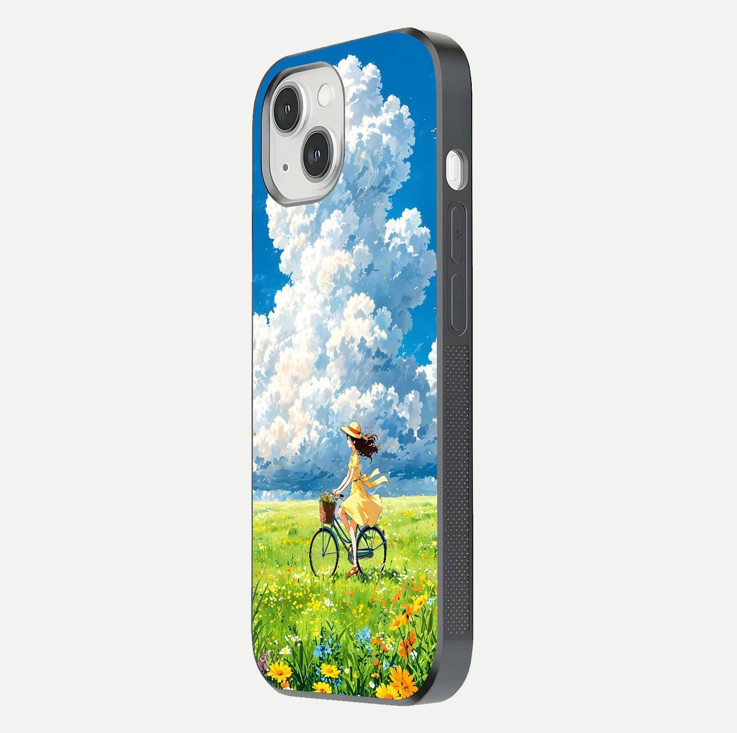 Breezy Meadow Ride Glass Case for iPhone 14 side-angle image showing floral details and edge glow