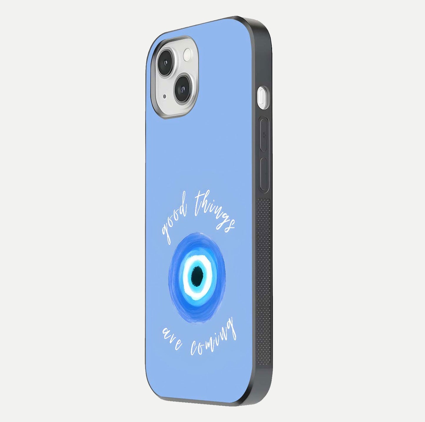 Bright Future Ahead Glass Case for iPhone 14 side-angle image displaying edge smoothness and reflective surface