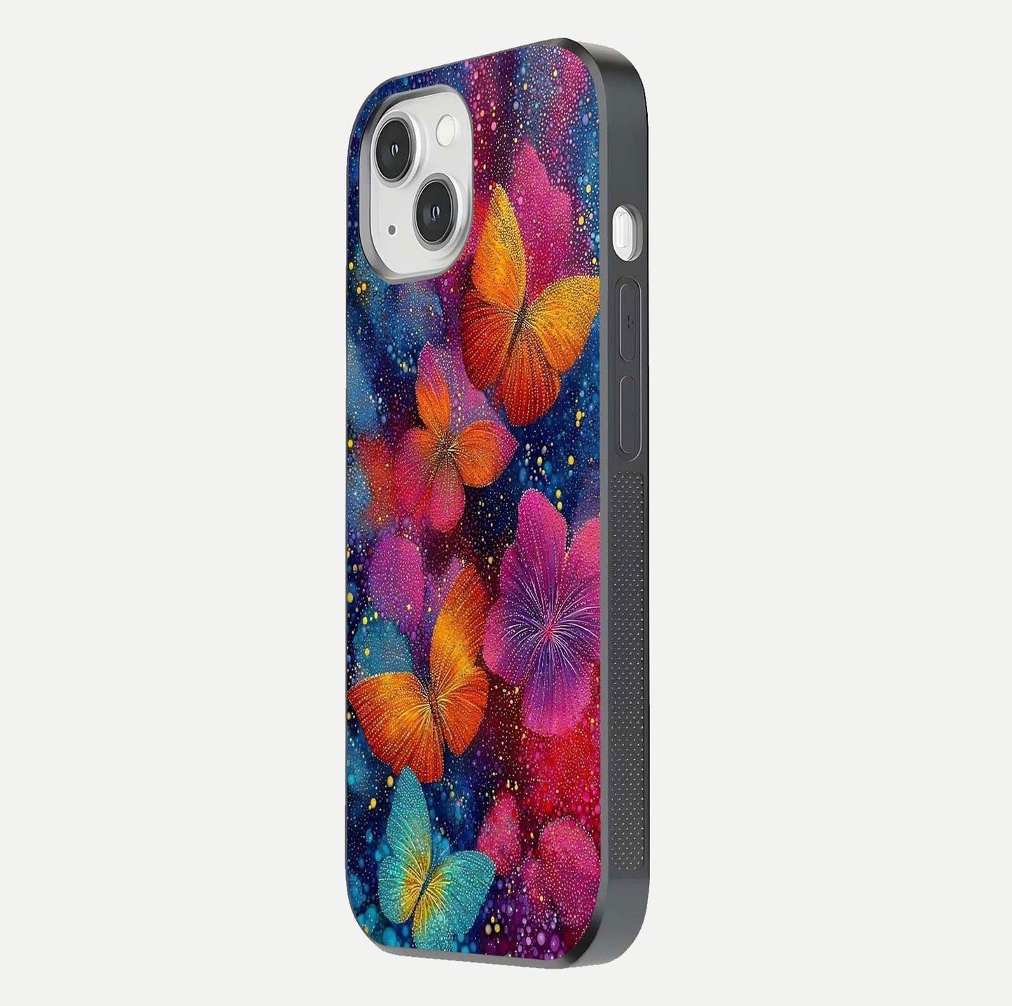 Butterfly Dream Mist Glass Case for iPhone 14 side-angle image showing soft gradient and reflective glow