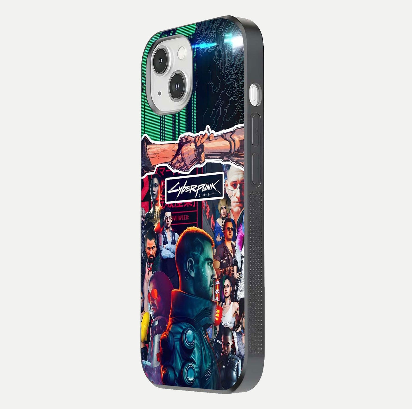 CYBERPUNK Legacy Glass Case for iPhone 14 side-angle photo showing edge glow and reflective surface