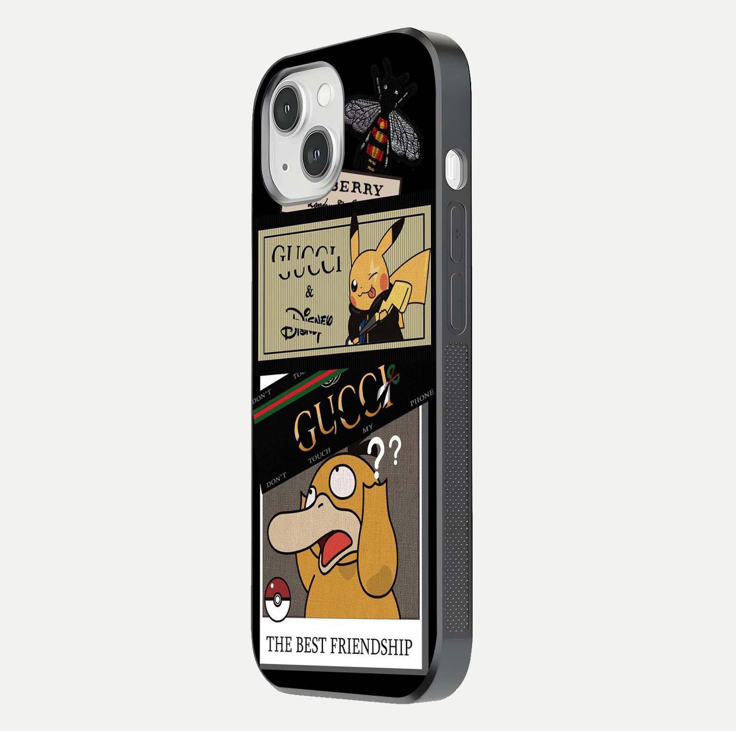 Cartoon Brand Play Mashup Glass Case for iPhone 14 side-angle image showing reflection brightness and fun graphic mix