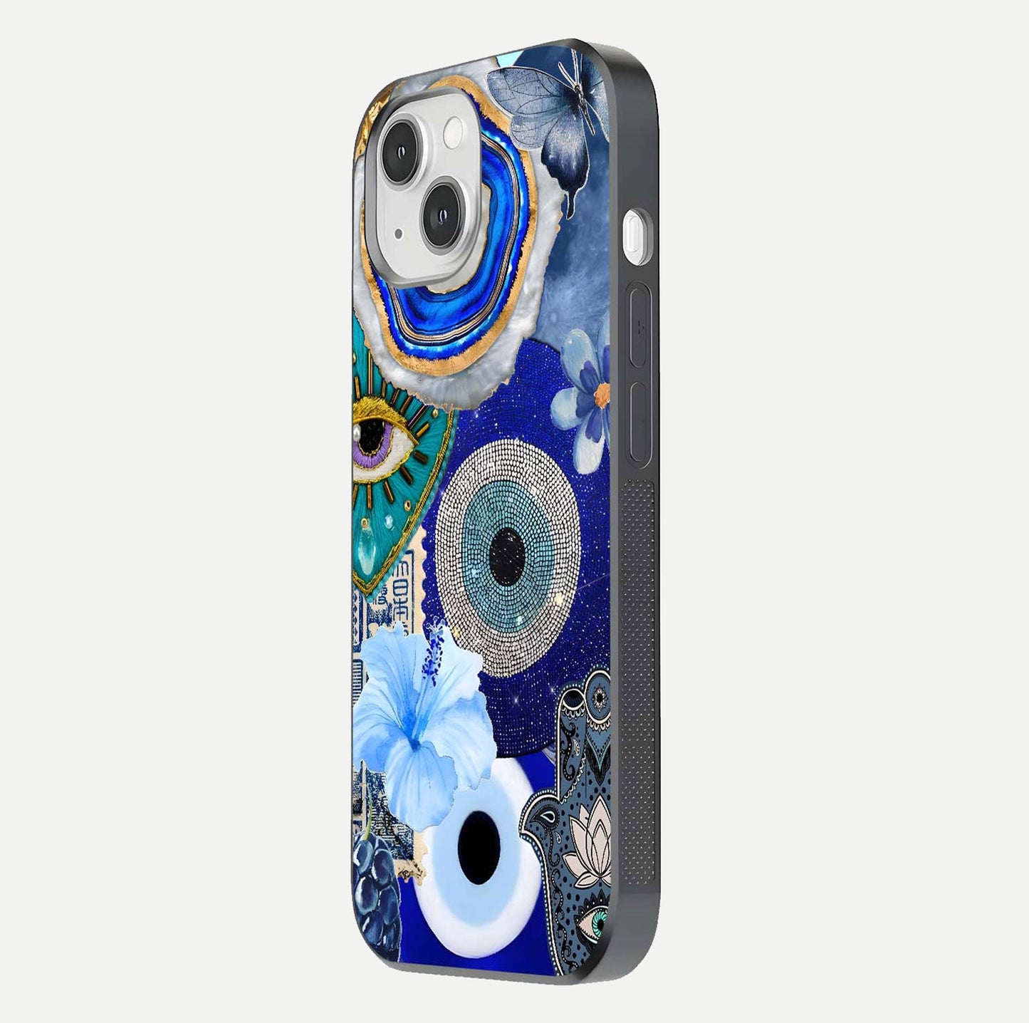 Celestial Blue Vision Glass Case for iPhone 14 side-angle image capturing starlight shimmer and glass reflection