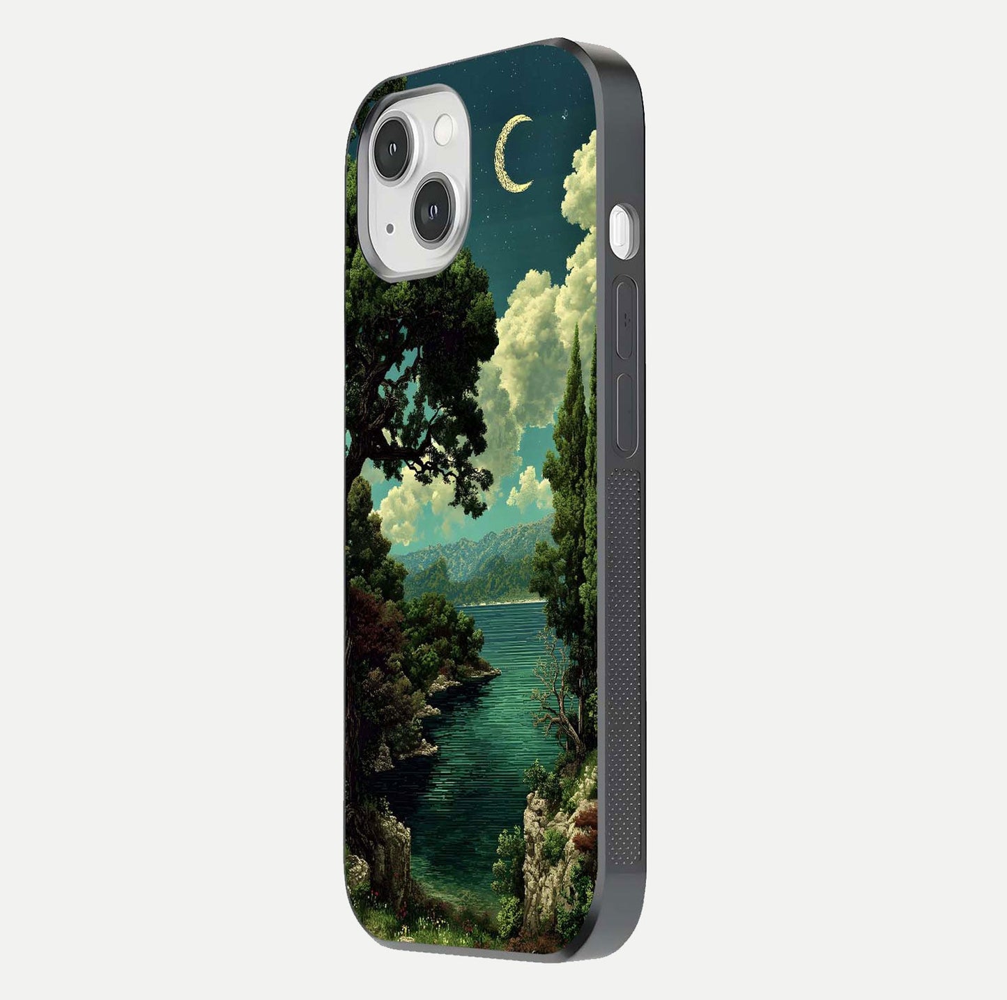 Celestial Lake Peace Glass Case for iPhone 14 side-angle image displaying reflective glow and gentle edges